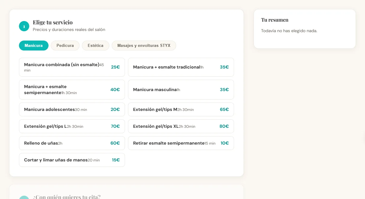 Reserva online de AmOr: elección de servicio, y después profesional, día y hora